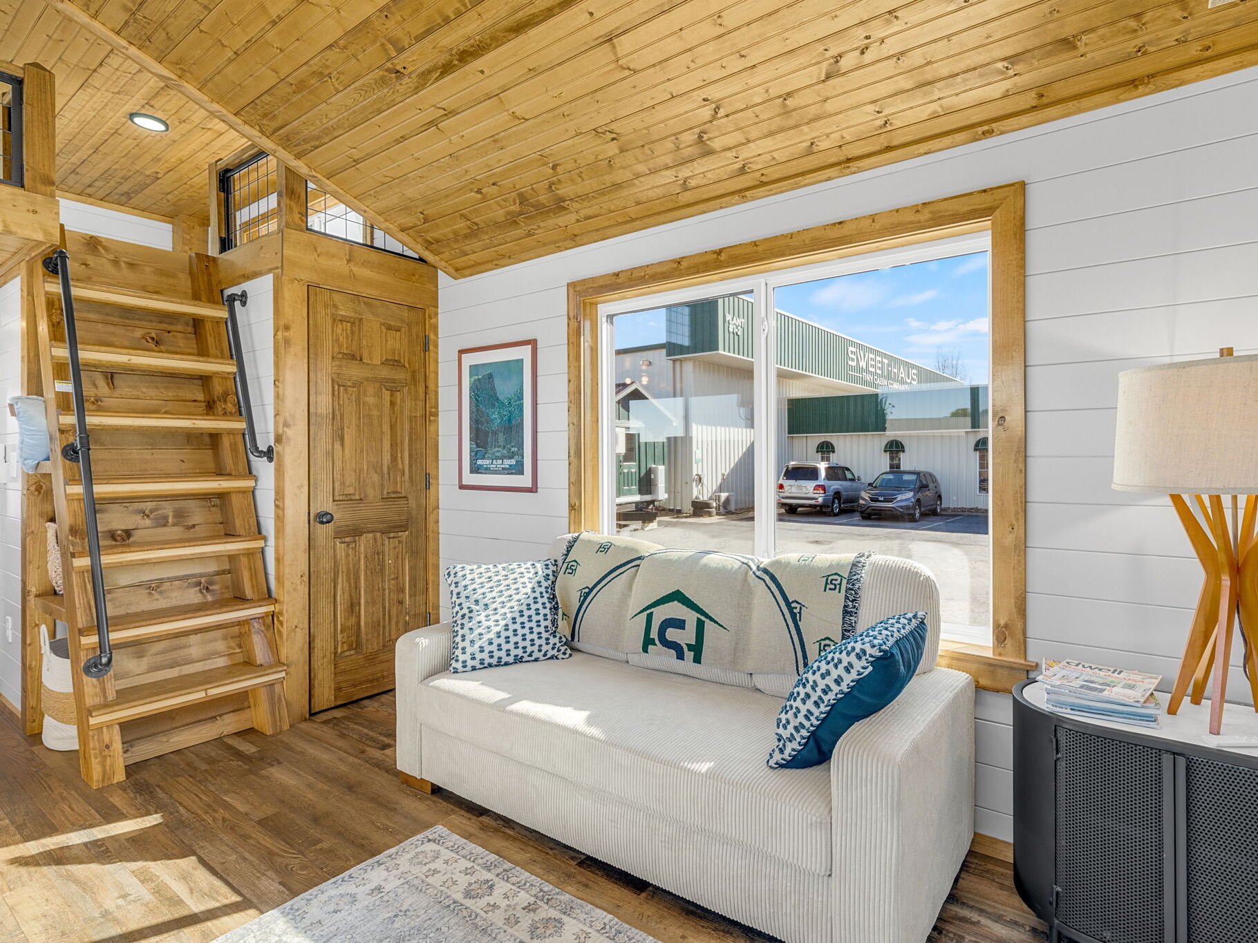 Living area and loft stairs